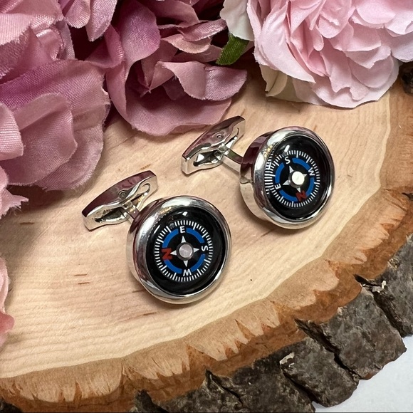 Unique Round Black and Blue Navigation Compass Silver Cufflinks - Picture 6 of 17